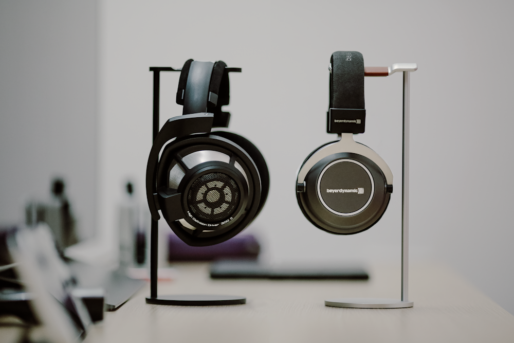 a pair of headphones sitting on top of a table