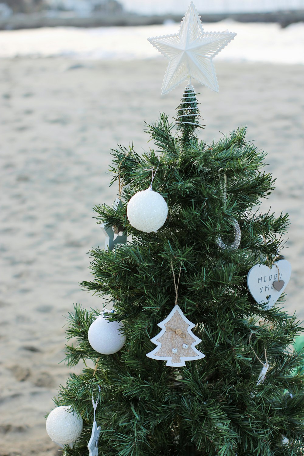 a small christmas tree with ornaments on it