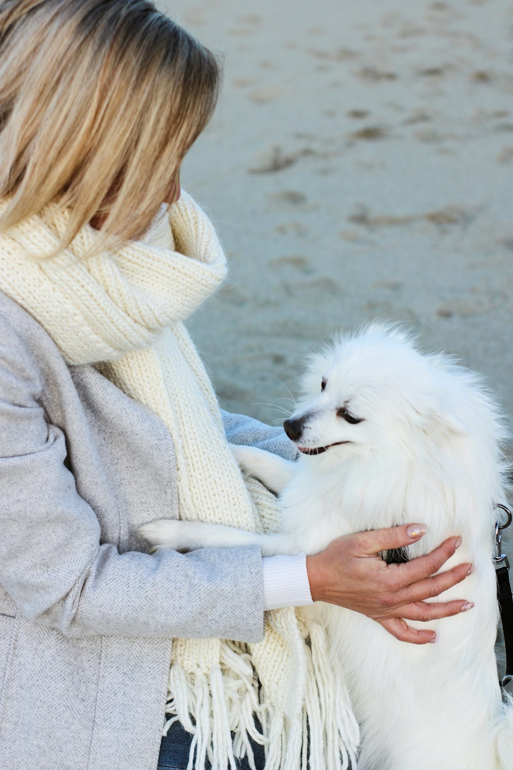 a woman holding a white dog on a beach