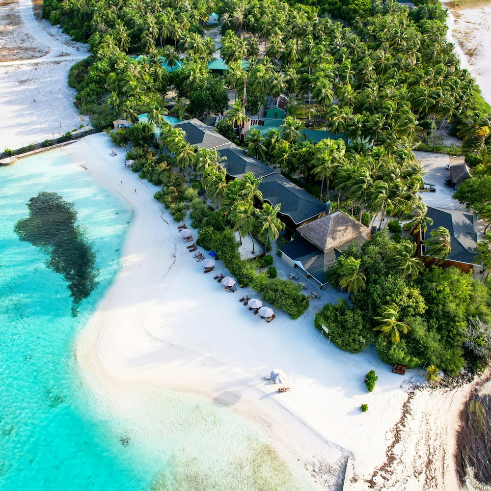 an aerial view of a tropical resort on a beach
