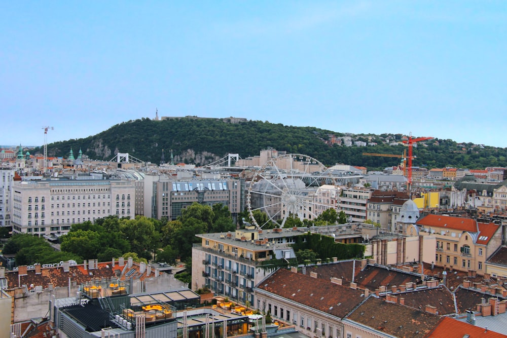 a view of a city with a mountain in the background