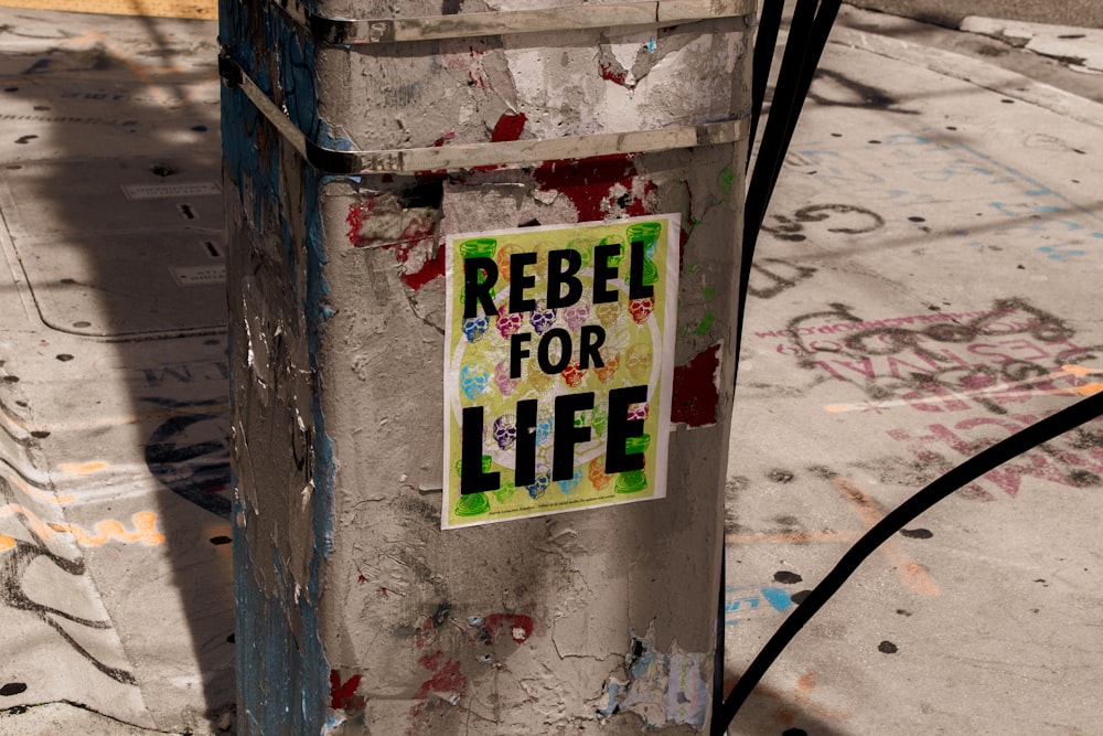 a sign on a pole that says rebel for life