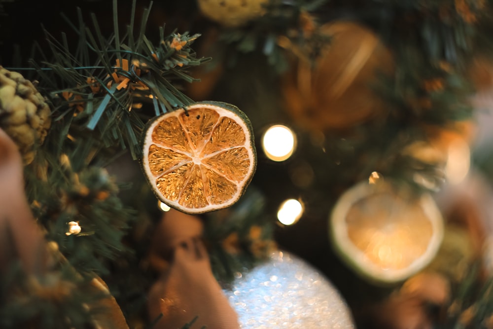 a close up of an orange on a christmas tree
