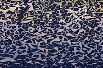 A collection of irregularly shaped shards arranged in a seemingly chaotic pattern. The shards appear reflective, catching light in various ways and creating a dynamic contrast against a dark background.