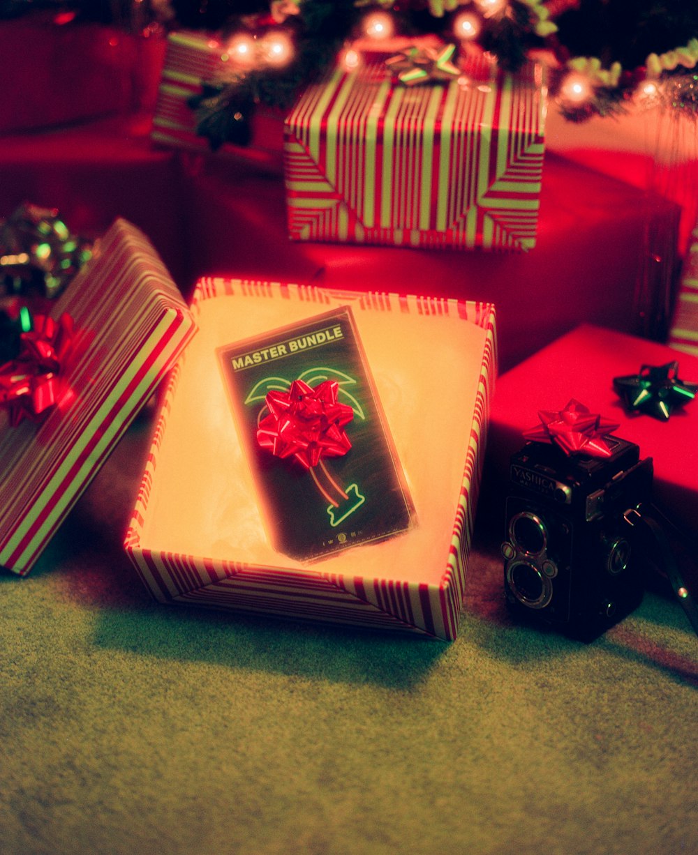 a couple of wrapped presents sitting on top of a table