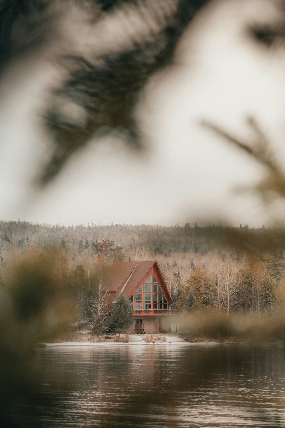 a house sitting on top of a lake next to a forest