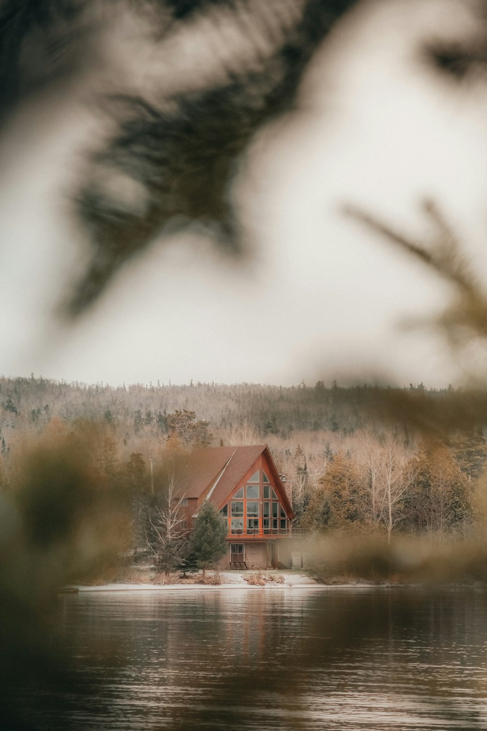 Una casa seduta sulla cima di un lago vicino a una foresta