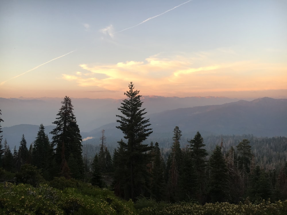 the sun is setting over the mountains and trees