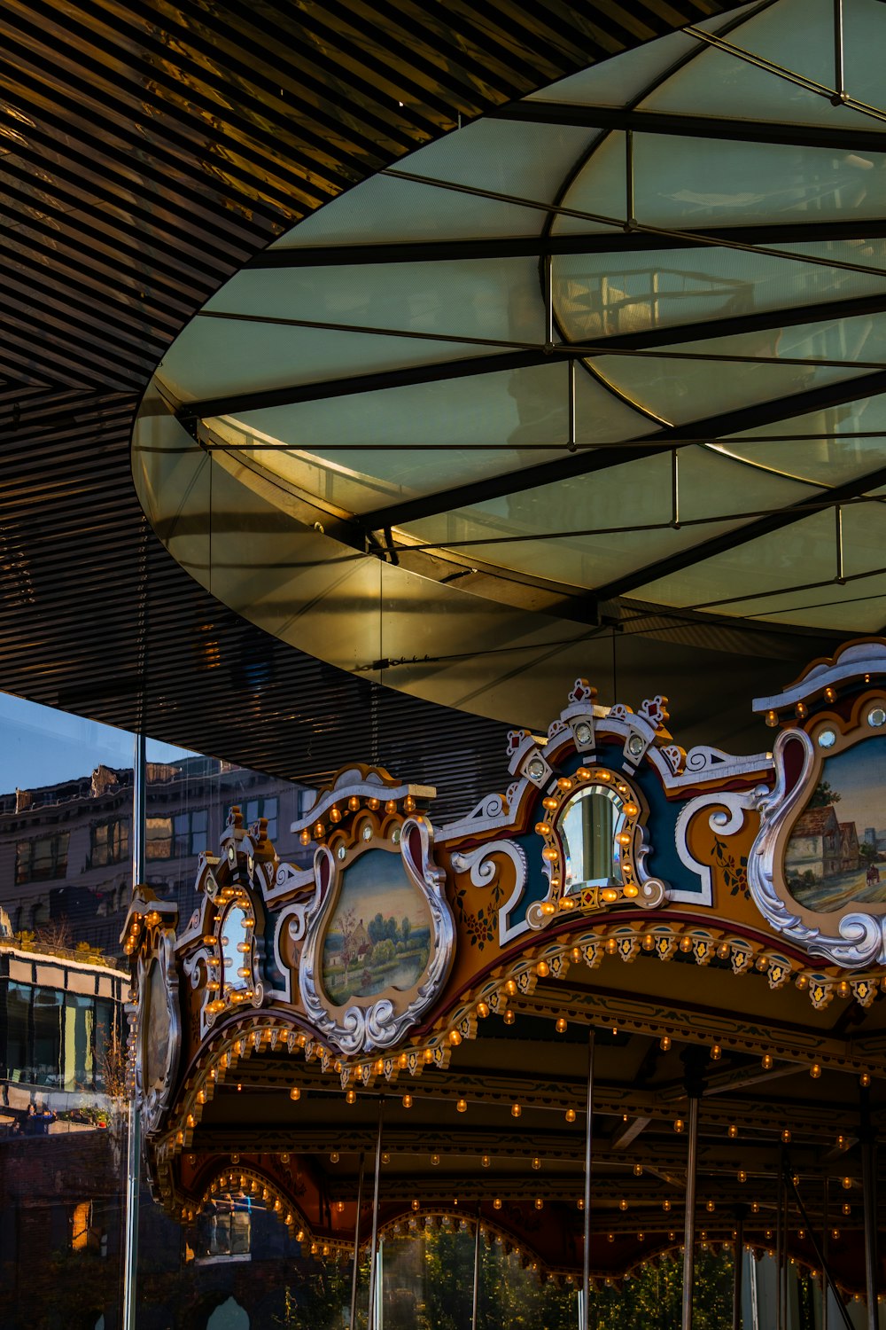 a merry go round carousel in a city at night