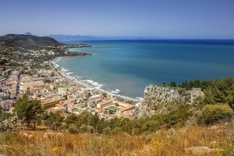 a view of a beach and a city from a hill