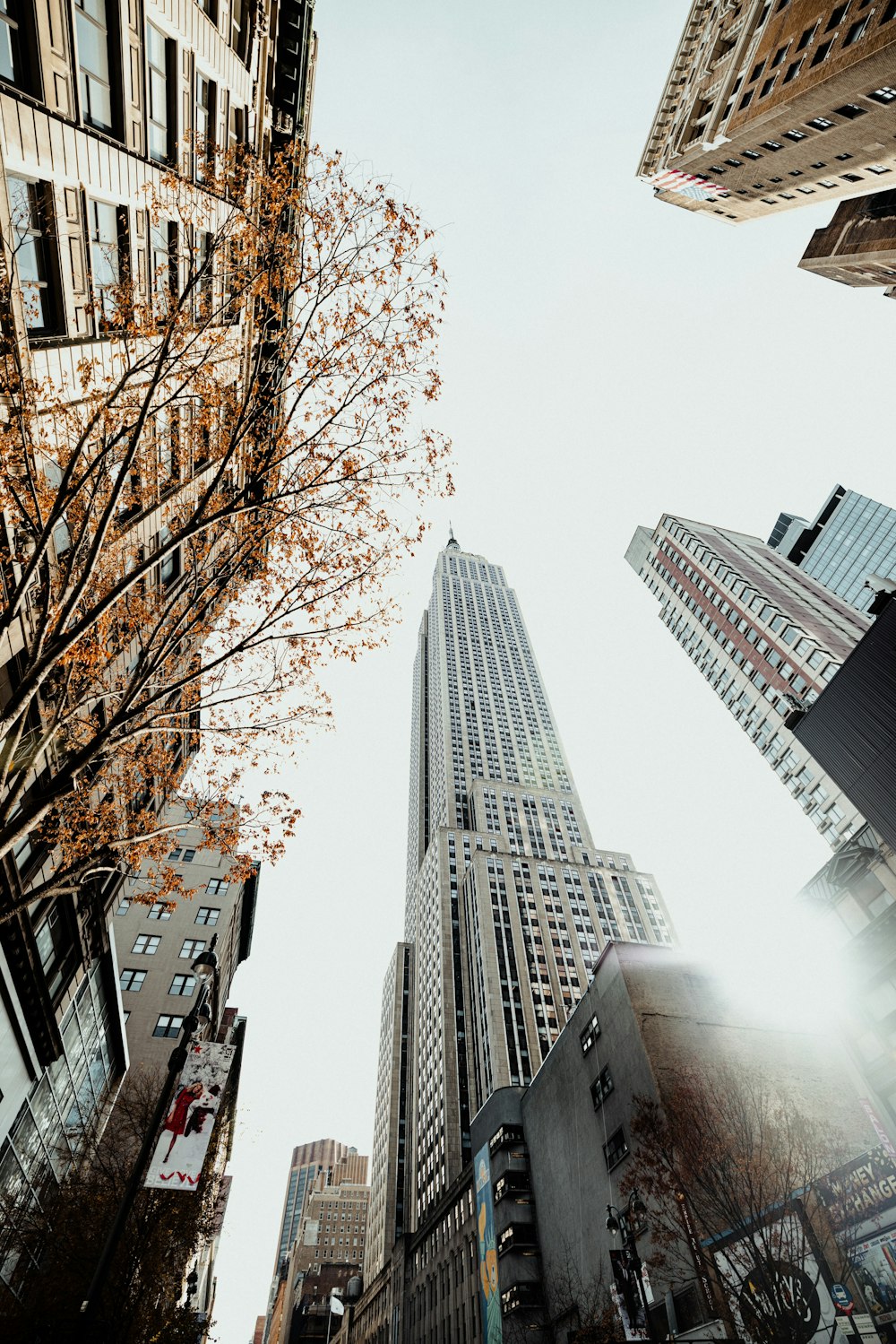 looking up at tall buildings in a city