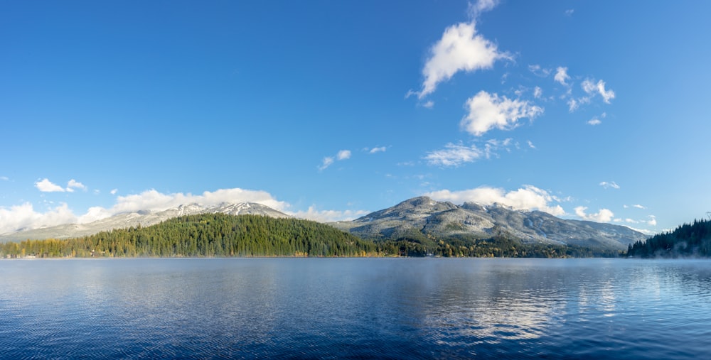 a large body of water with a mountain in the background