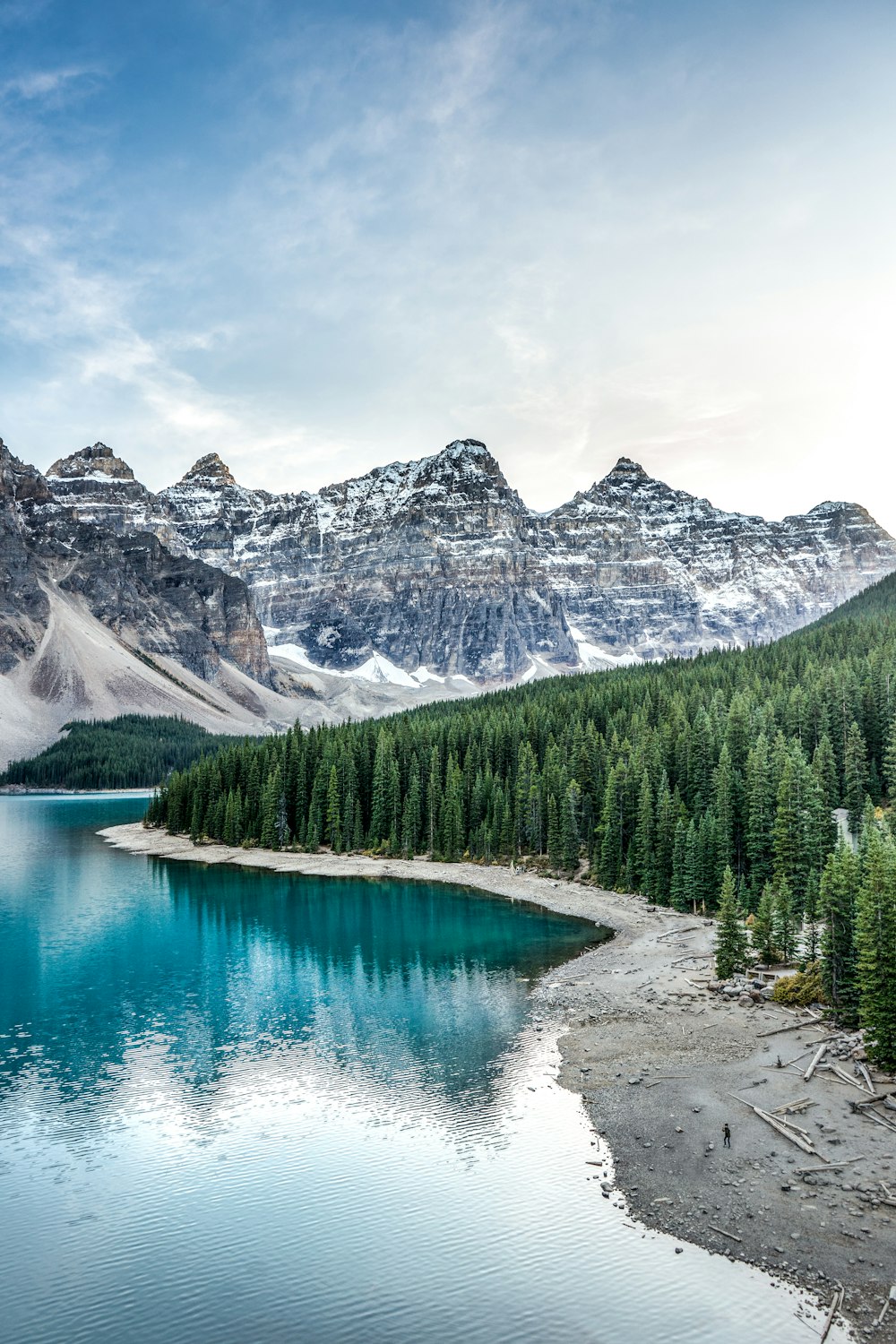 a lake surrounded by mountains and pine trees