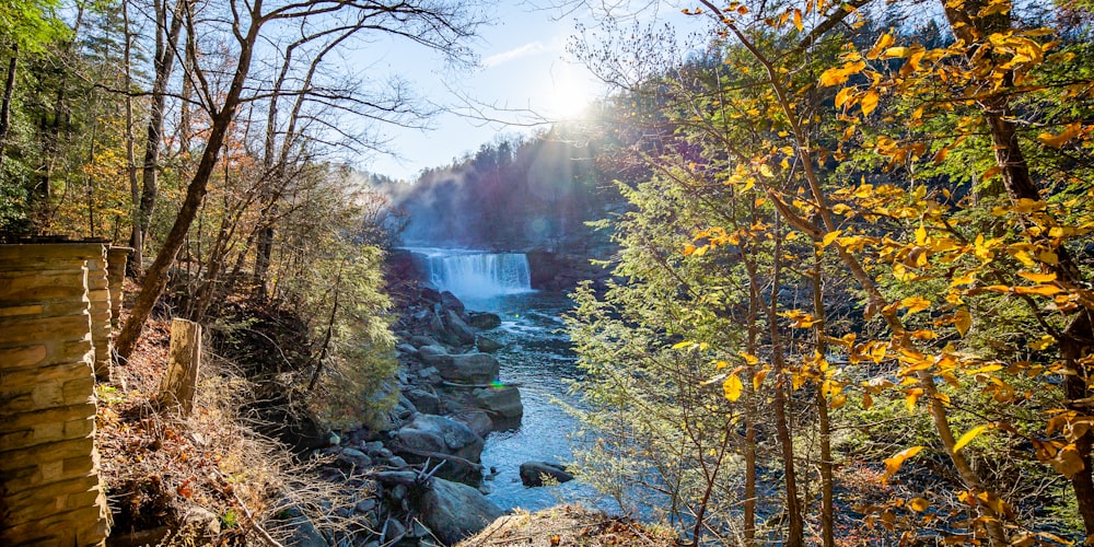 the sun is shining over a waterfall in the woods