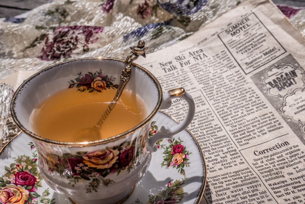 a cup of tea sitting on top of a saucer