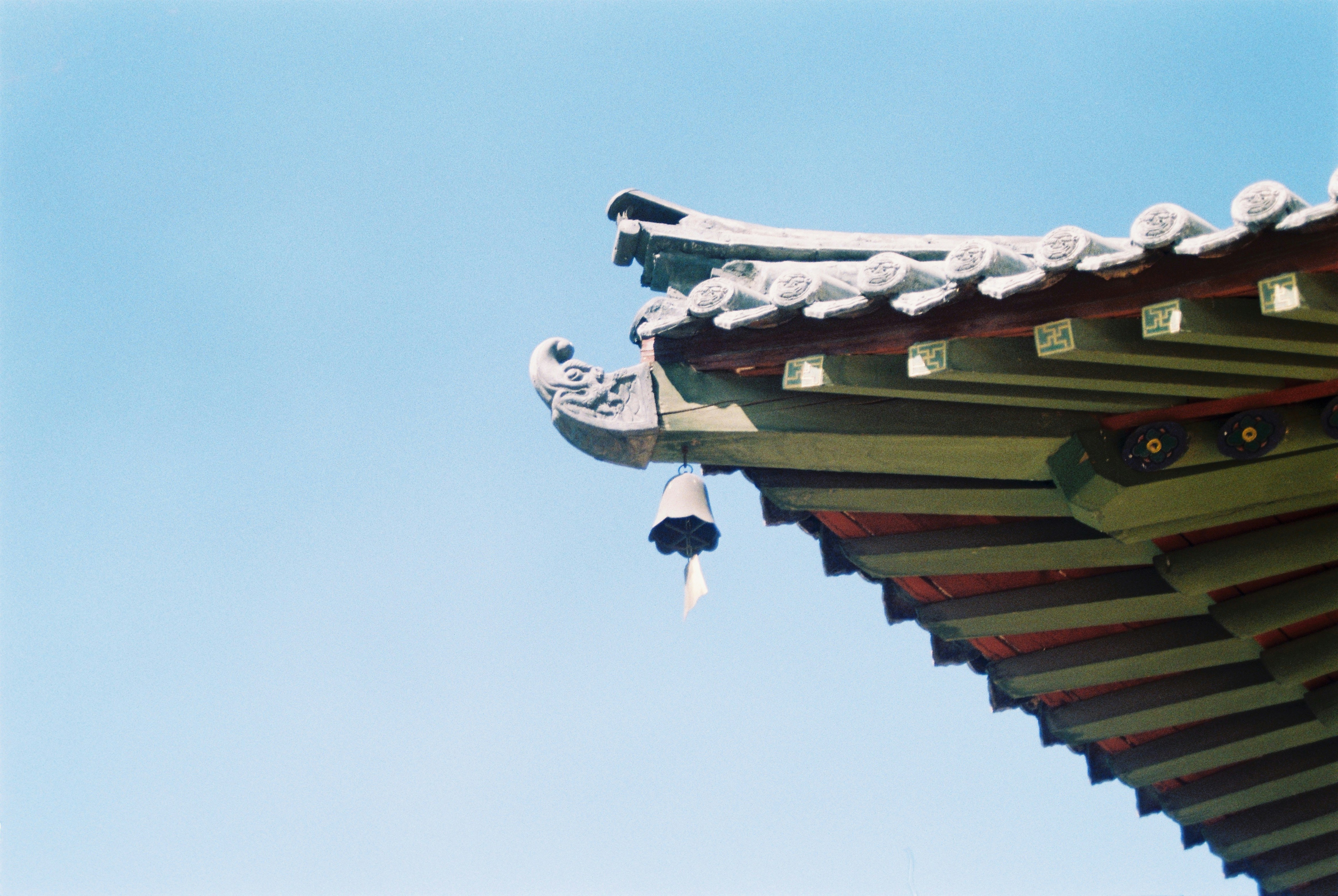 a bird is perched on the roof of a building