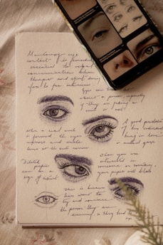 a drawing of a woman's eyes with a cell phone next to it