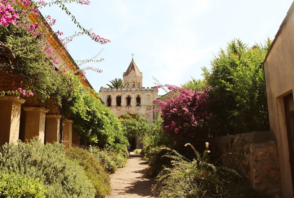 a building with a steeple surrounded by greenery