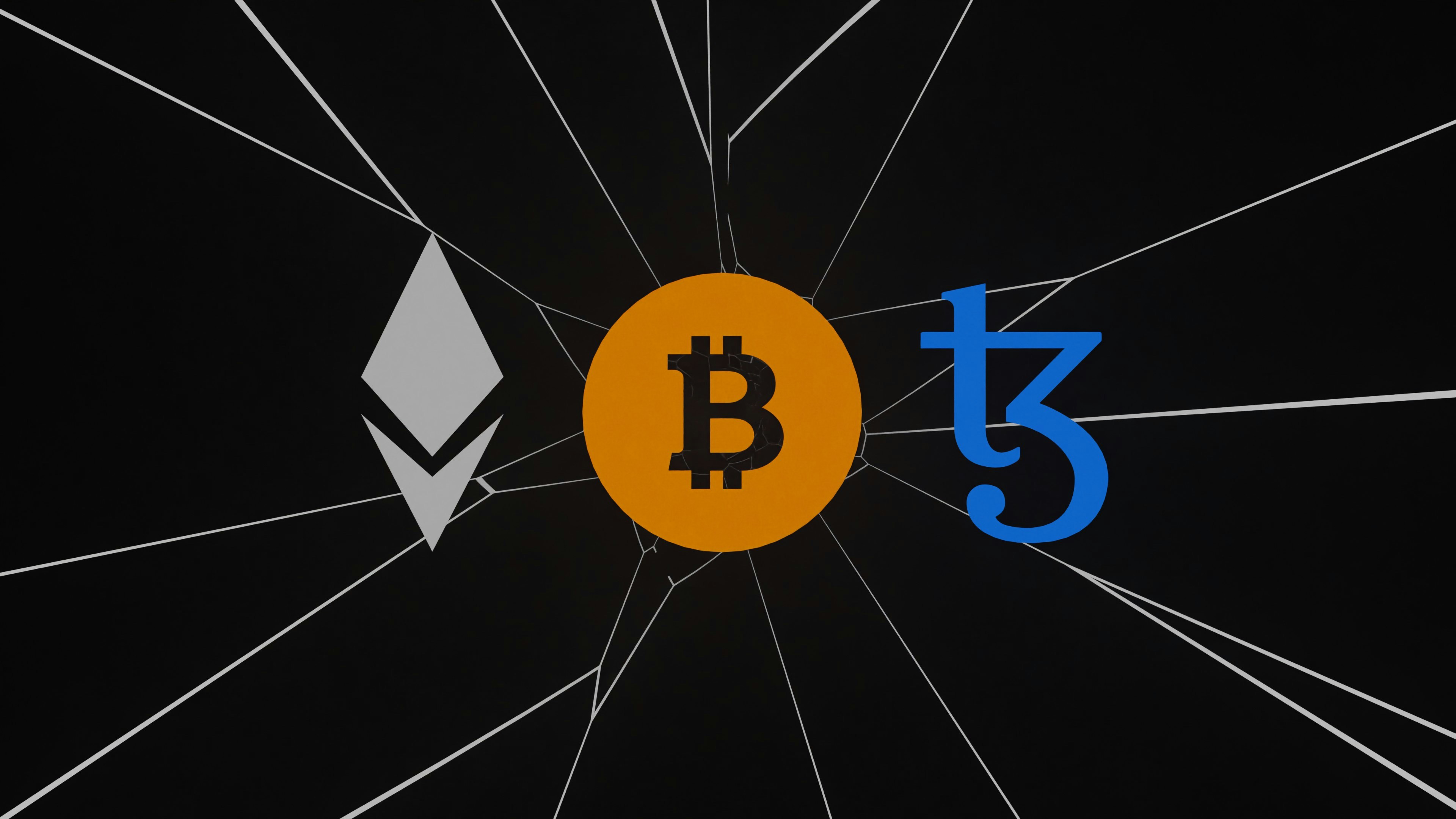 3D illustration of tezos, bitcoin, and ethereum coins, blockchains designed to evolve. 「 LOGO / BRAND / 3D design 」 WhatsApp: +917559305753 Email: shubhamdhage000@gmail.com