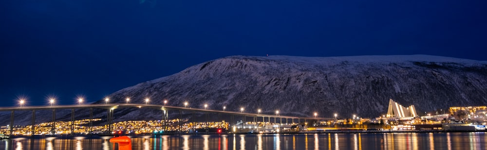 a night view of a city and a bridge over water