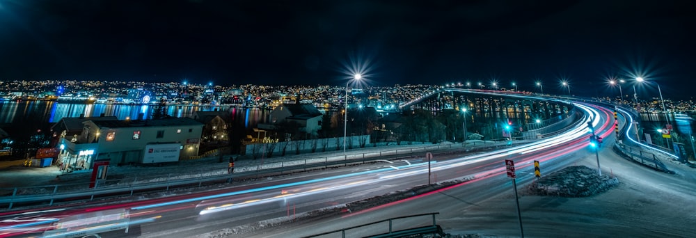 a night time view of a city street