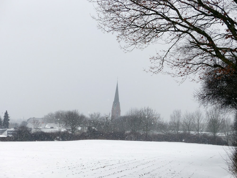 a snowy field with a church in the background