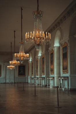 Elegant hallway with black walls, gold trim, and a sleek chandelier casting warm light.