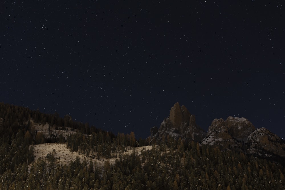 the night sky with stars above a mountain range