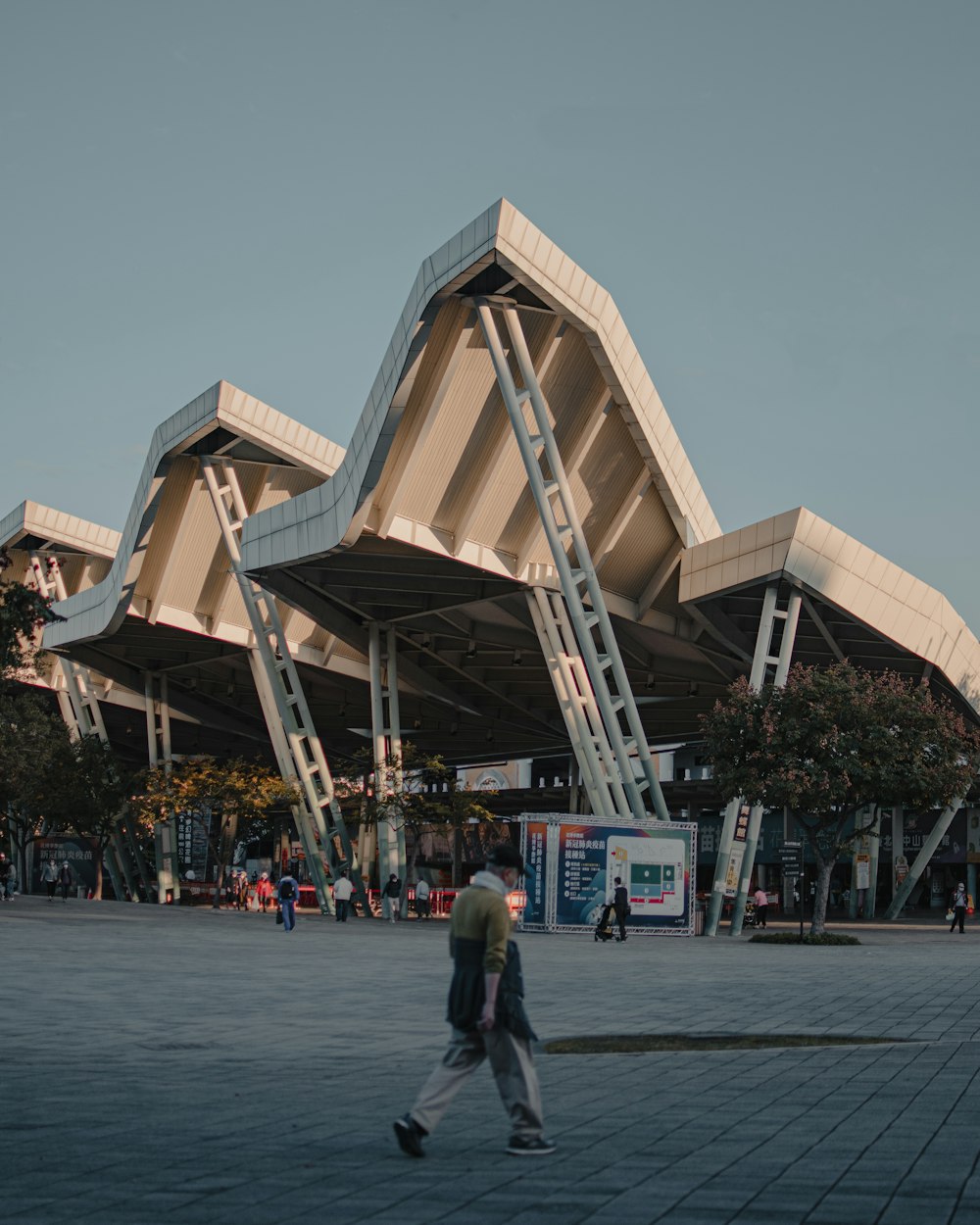 a person walking in front of a large building