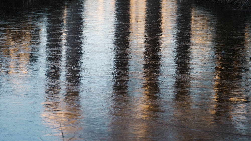 a large body of water with a bridge in the background