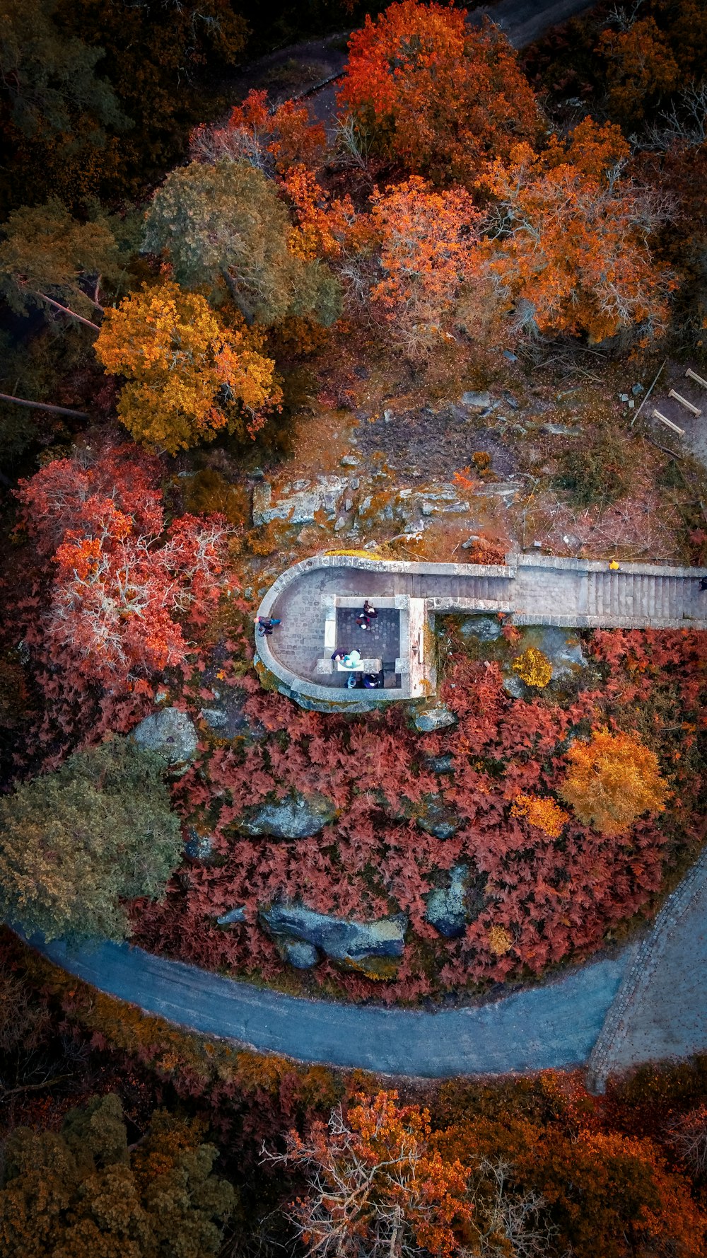 an aerial view of a house surrounded by trees