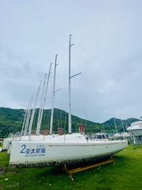 A group of sailboats with tall masts is situated on a grassy area, with lush green hills in the background under a cloudy sky. The side of one boat displays the text 'Asia Pacific Sailing'.