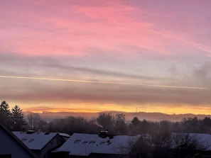 A wide-angle shot of a sky streaked with dense, white chemtrails over a suburban neighborhood at sunset