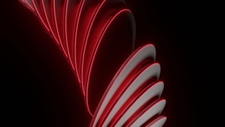 A series of overlapping curved structures are highlighted by glowing red lines, creating a dynamic and abstract visual effect against a dark background.
