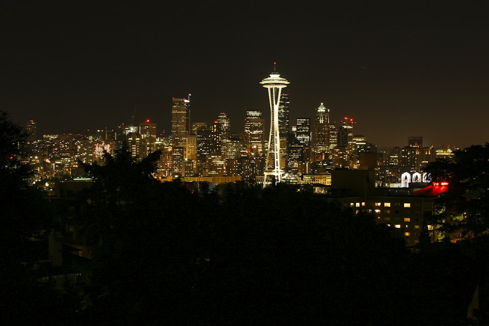 a view of a city at night with the space needle in the background