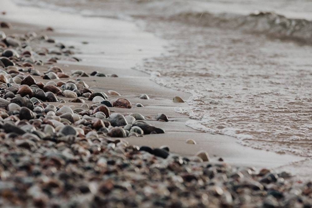 a close up of rocks on a beach near the water