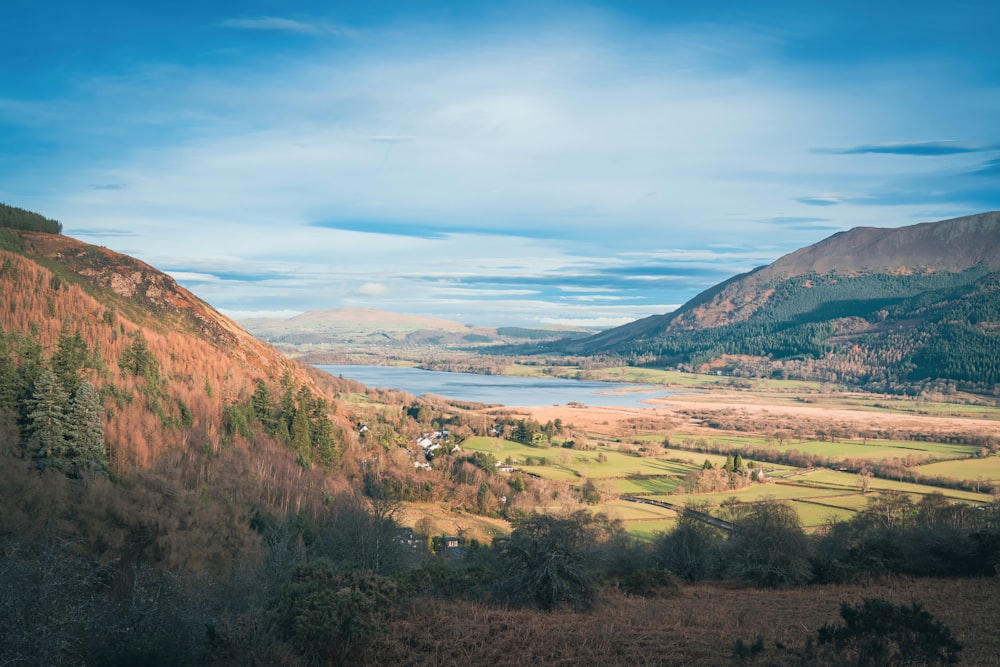 a scenic view of a valley with a lake in the distance