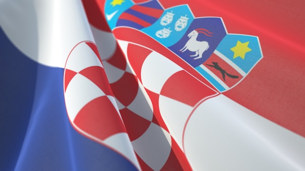 a close up of a red, white and blue flag