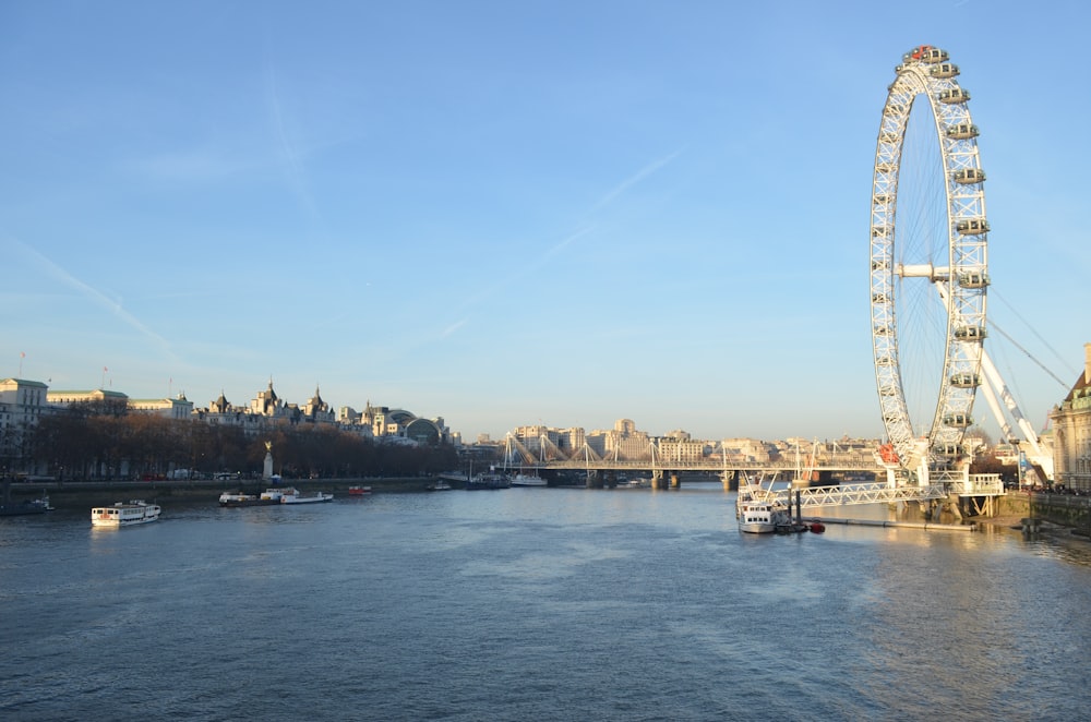 a large ferris wheel on the side of a river