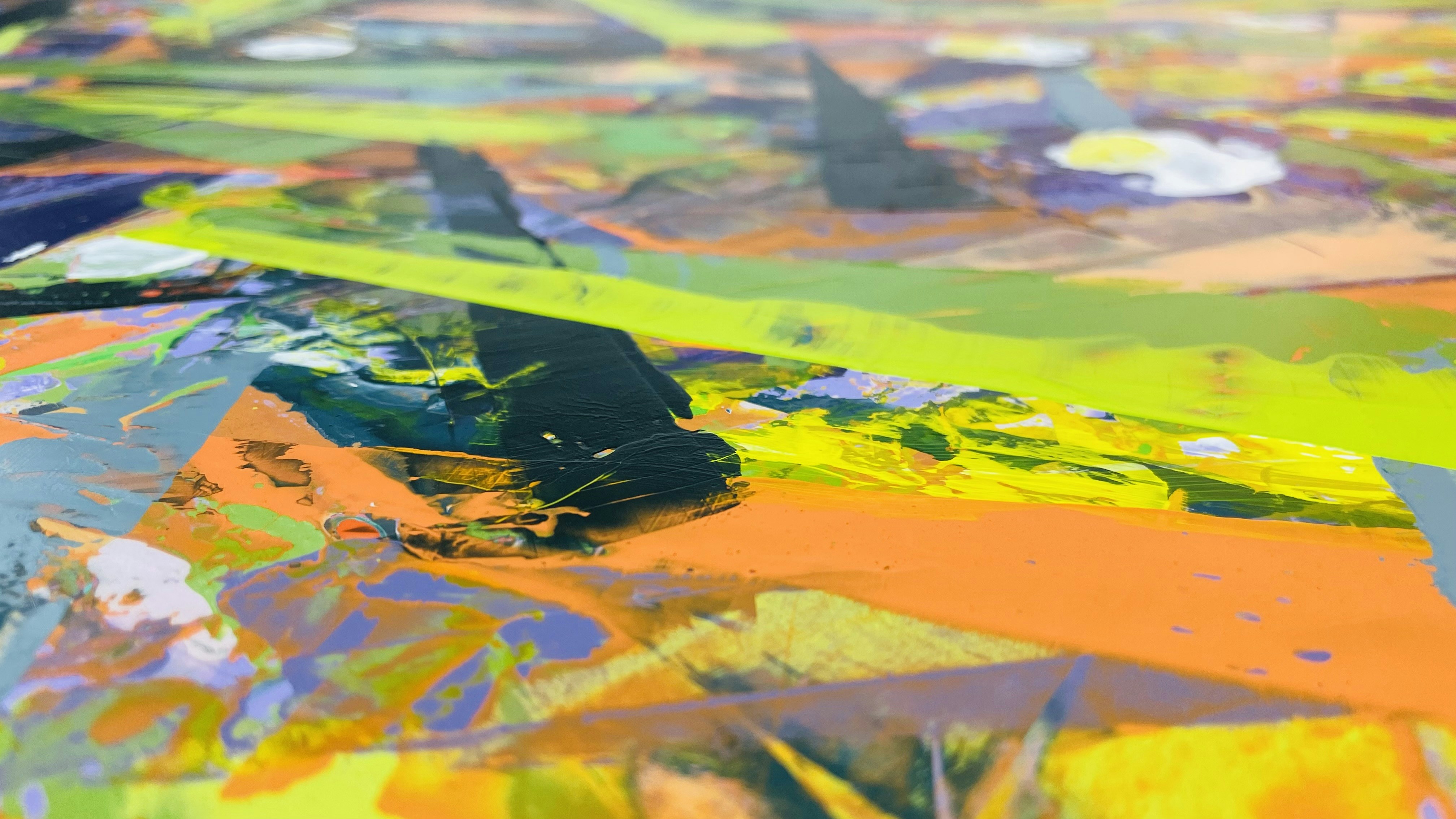 Surface of an acrylic painting at an angle with depth of field.