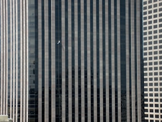 A cordist working on the glass facade of a towering skyscraper in an urban setting.