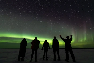 A group enjoying a guided tour under the northern lights in Finland.