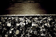 A close-up view of numerous padlocks attached to a bridge railing, symbolizing love and commitment. Some locks have inscriptions or messages written on them. The background features a blurred view of a river, adding depth to the scene. The overall composition is in a sepia tone, giving it a nostalgic feel.