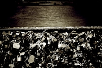 A close-up view of numerous padlocks attached to a bridge railing, symbolizing love and commitment. Some locks have inscriptions or messages written on them. The background features a blurred view of a river, adding depth to the scene. The overall composition is in a sepia tone, giving it a nostalgic feel.