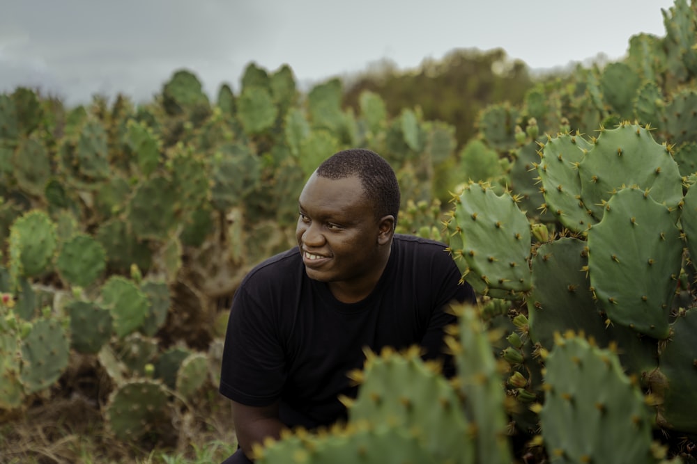 a man sitting in a field of cactus plants