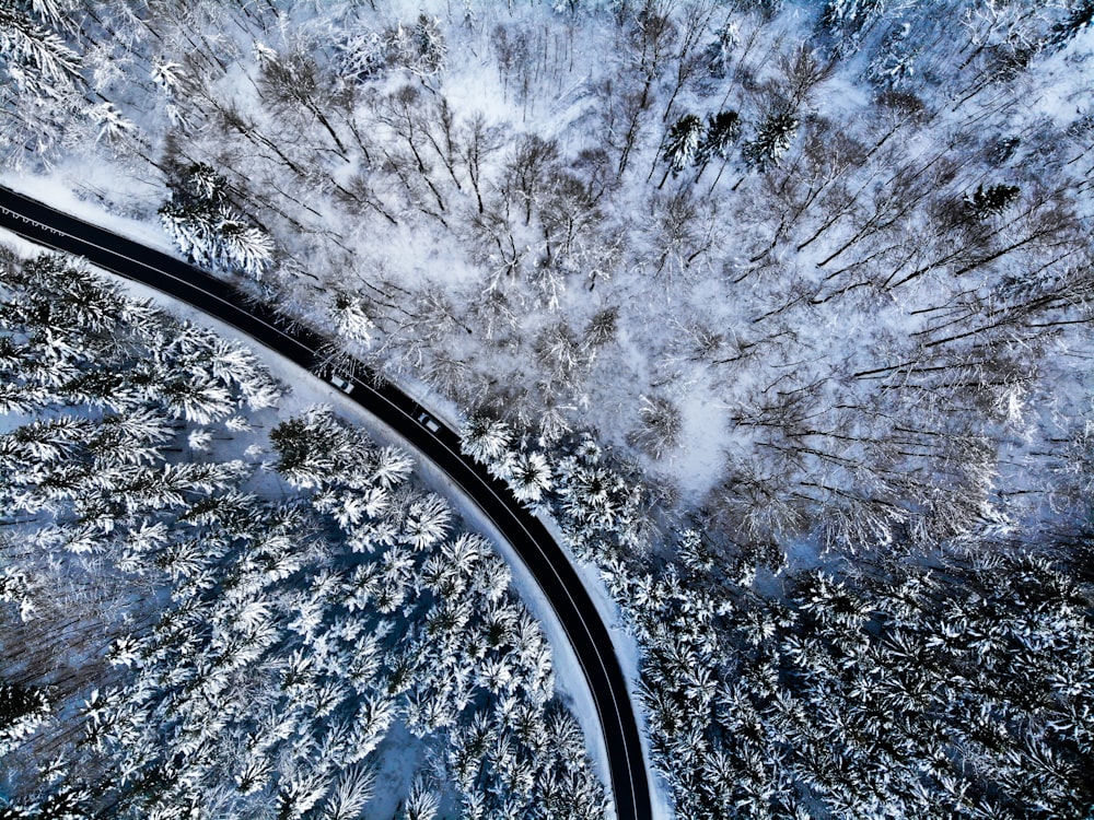 an aerial view of a road through a snowy forest