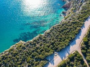 an aerial view of a road next to a body of water