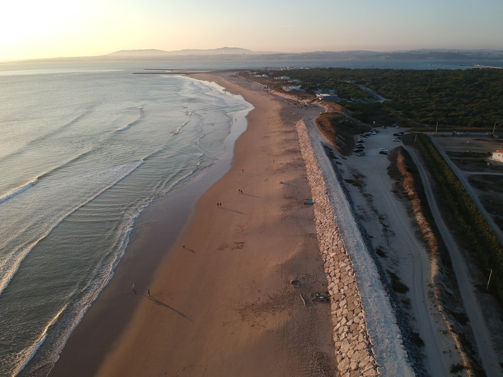 an aerial view of a beach and ocean