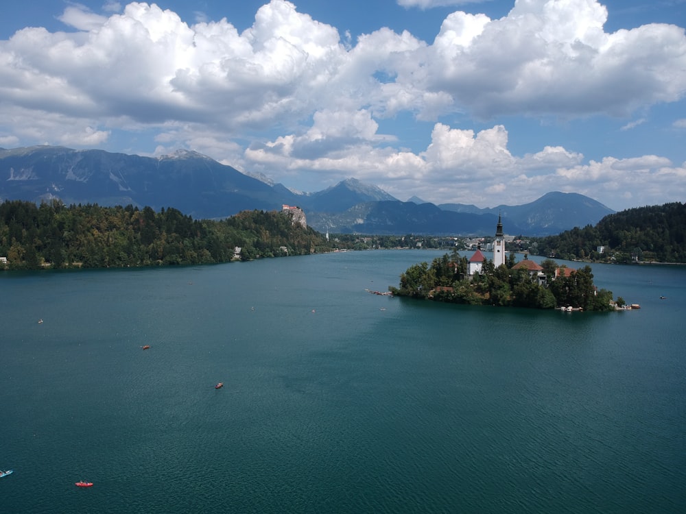 a small island in the middle of a lake