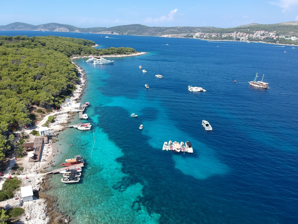 a group of boats floating on top of a body of water